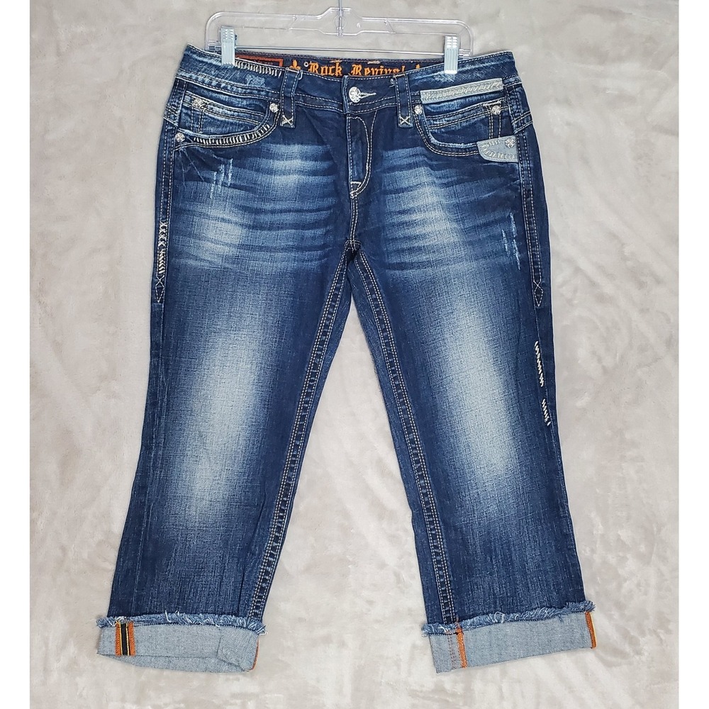 Rock Revival Jeans Womens 31 Blue Gwen Capri Fray Dark Wash Distress Denim EUC
